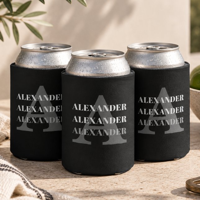 Modern Monogram Name Grey Black Can Cooler (Creator Uploaded)