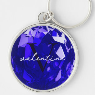 Modern Monogram Name Initial Sapphire Blue Premium Key Ring