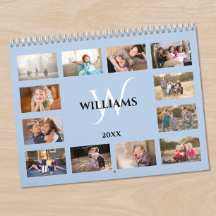 Modern Monogram Name Light Blue Custom Photo Calendar