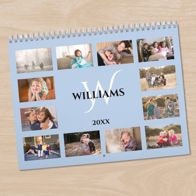 Modern Monogram Name Light Blue Custom Photo Calendar (Modern Monogram Name Light Blue Custom Photo Calendar in situ)