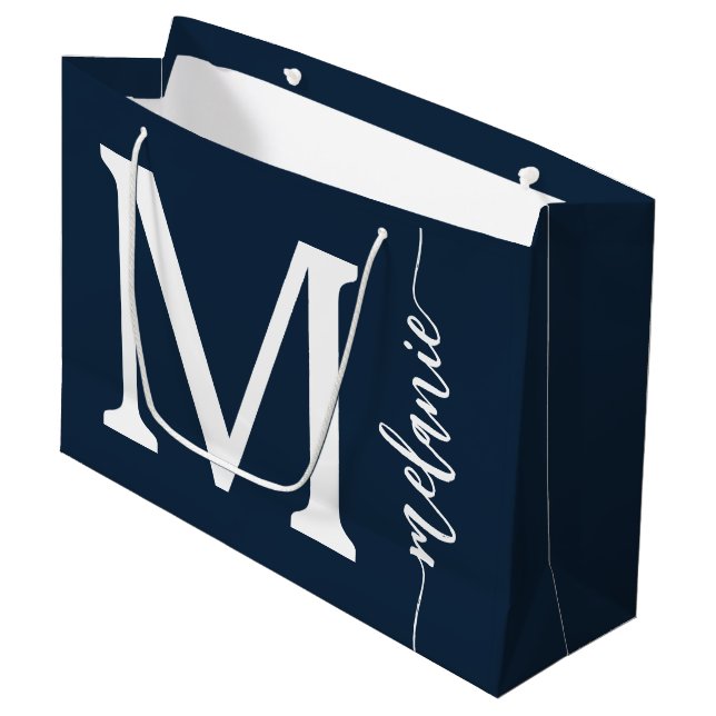 Modern Monogram Name Navy White Script  Large Bag (Front Angled)