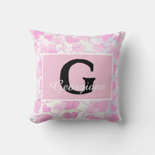 Modern Monogram Name on Purple Pink White Hearts Cushion