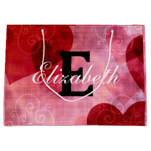 Modern Monogram Name on Red Pink White Hearts  Lar Large Gift Bag