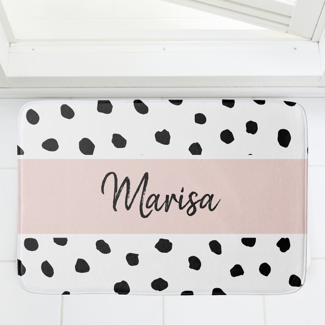 Modern Monogram Name | Pastel Pink & Black Dots Bath Mat (Creator Uploaded)