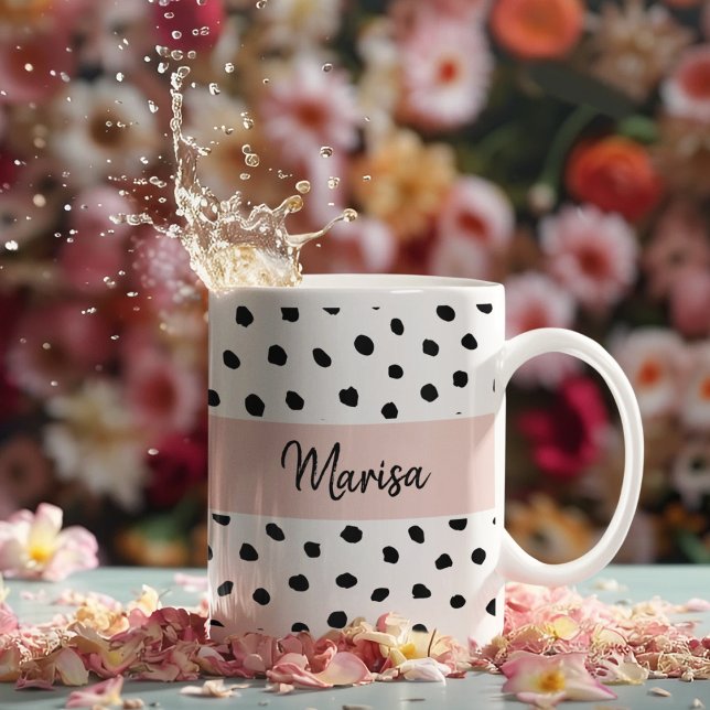 Modern Monogram Name | Pastel Pink & Black Dots Coffee Mug (Creator Uploaded)