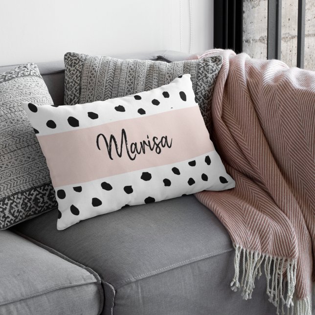 Modern Monogram Name | Pastel Pink & Black Dots Decorative Cushion (Creator Uploaded)
