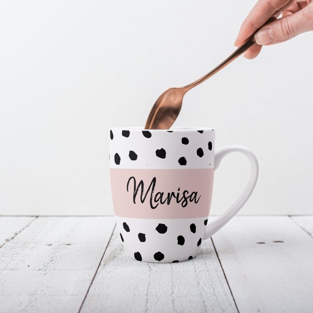 Modern Monogram Name | Pastel Pink & Black Dots Latte Mug (Creator Uploaded)