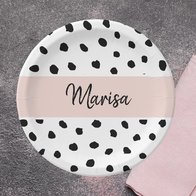 Modern Monogram Name | Pastel Pink & Black Dots Paper Plate (Creator Uploaded)