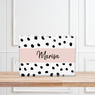 Modern Monogram Name Pastel Pink & Black Dots Photo Block