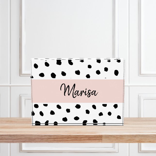 Modern Monogram Name | Pastel Pink & Black Dots Photo Block (Creator Uploaded)
