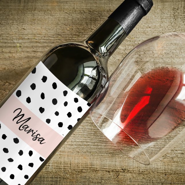 Modern Monogram Name | Pastel Pink & Black Dots Wine Label (Creator Uploaded)