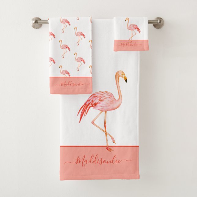 Modern  Monogram Name Pink Flamingo Blue  Bath Tow Bath Towel Set (Insitu)