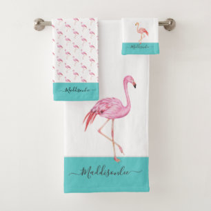 Modern Monogram Name Pink Flamingo Teal Aqua Blue Bath Towel Set