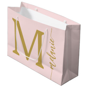Modern Monogram Name Pink Gold Script Large Gift Bag