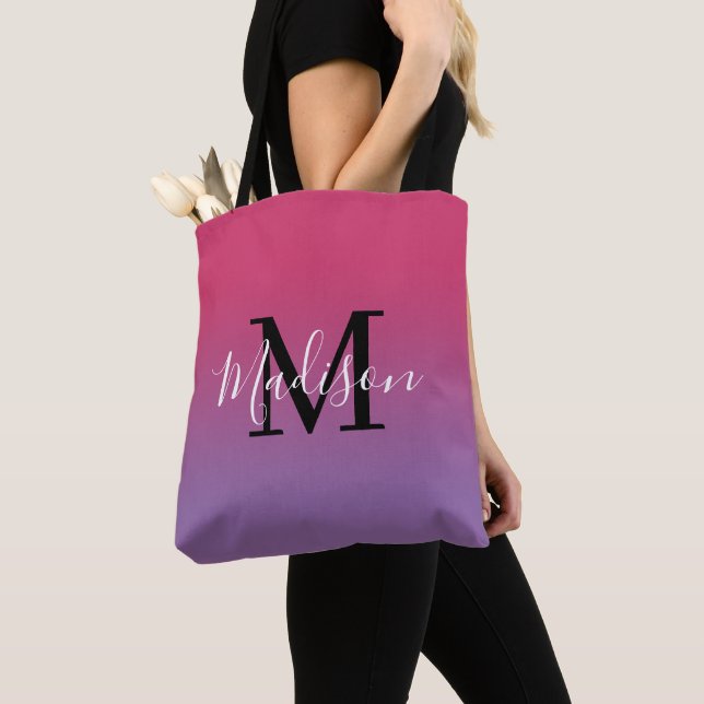 Modern Monogram Name Pink to Purple Gradient Tote Bag (Close Up)