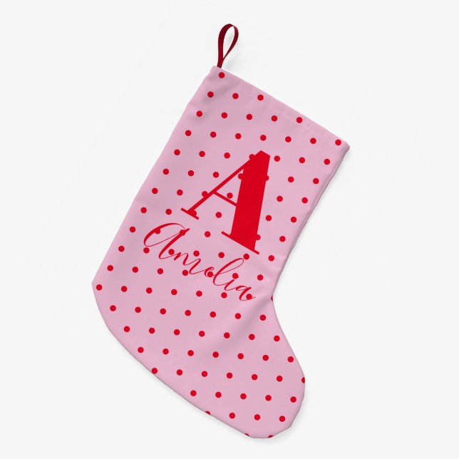 Modern Monogram Name Polka Dot Red Pink Small Christmas Stocking (Front (Hanging))