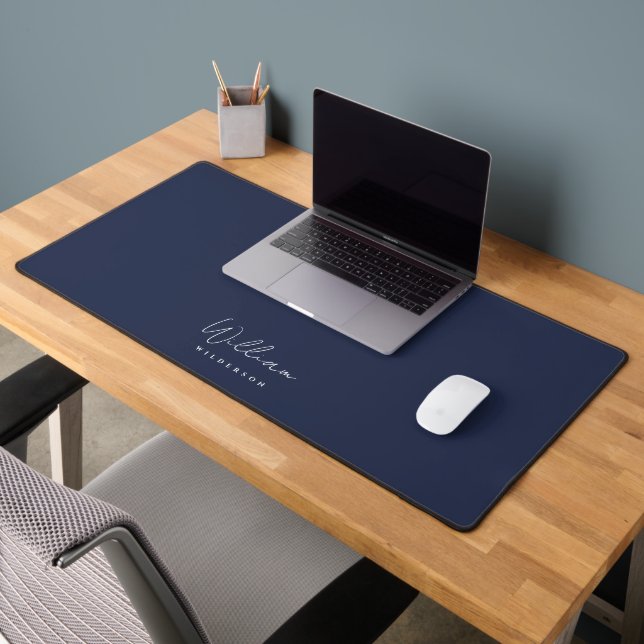 Modern Monogram Name Professional Dark Blue Desk Mat (Office 2)