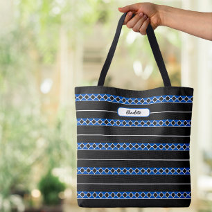 Modern Monogram Name Quatrefoil Stripes Black Blue Tote Bag