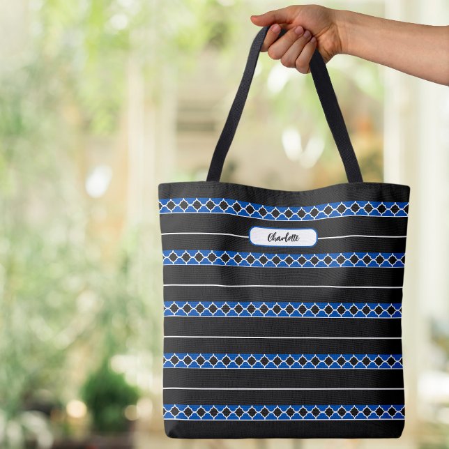 Modern Monogram Name Quatrefoil Stripes Black Blue Tote Bag (Modern Monogrammed Custom Name Stripes Pattern Black Blue Canvas Shopping Tote Bag)