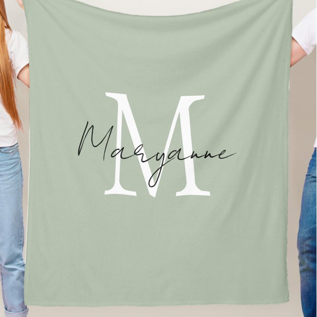 Modern Monogram Name Sage Green Fleece Blanket (Creator Uploaded)