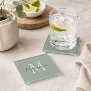 Modern Monogram Name Sage Green Glass Coaster