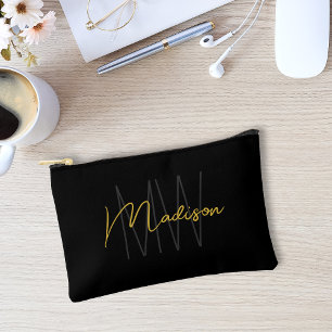 Modern Monogram Name Script Black Gold Accessory Pouch