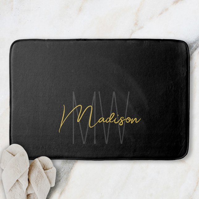 Modern Monogram Name Script Black Gold Bath Mat (Modern Monogram Name Script Black Gold Bath Mat)