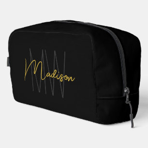 Modern Monogram Name Script Black Gold Dopp Kit