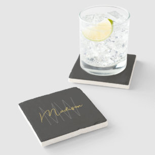 Modern Monogram Name Script Black Gold Stone Coaster