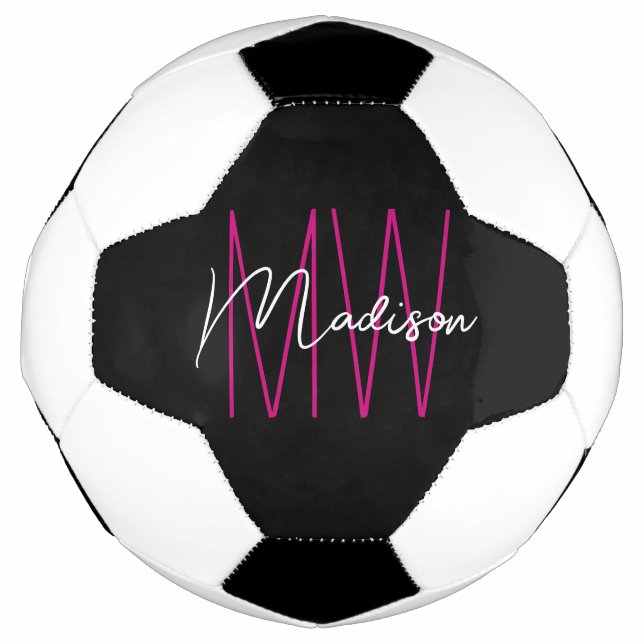 Modern Monogram Name Script Black Pink Soccer Ball (Front)