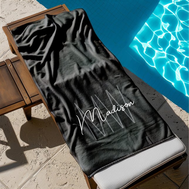Modern Monogram Name Script Black White Beach Towel (Modern Monogram Name Script Black White Beach Towel)