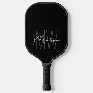 Modern Monogram Name Script Black White Pickleball Paddle