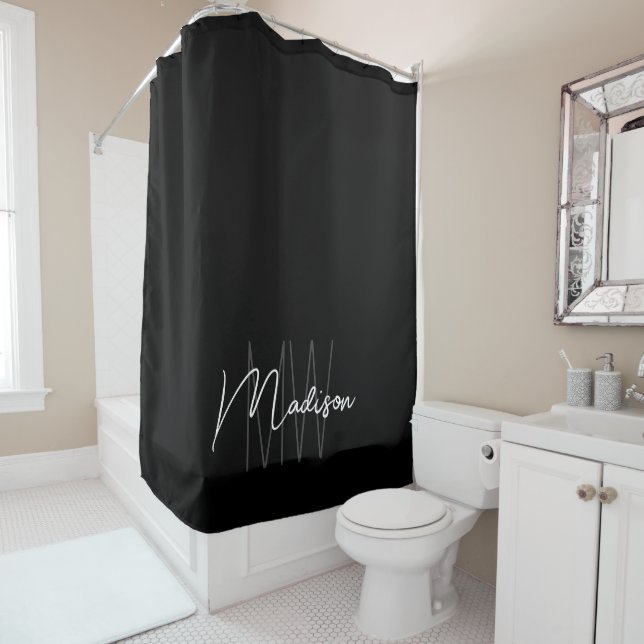 Modern Monogram Name Script Black White Shower Curtain (In Situ)
