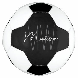 Modern Monogram Name Script Black White Soccer Ball