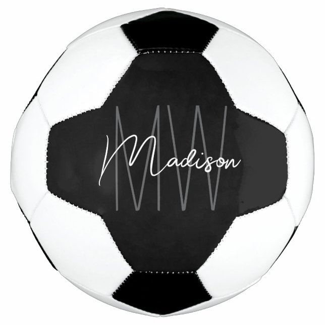 Modern Monogram Name Script Black White Soccer Ball (Front)