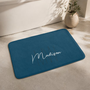 Modern Monogram Name Script Blue Bath Mat