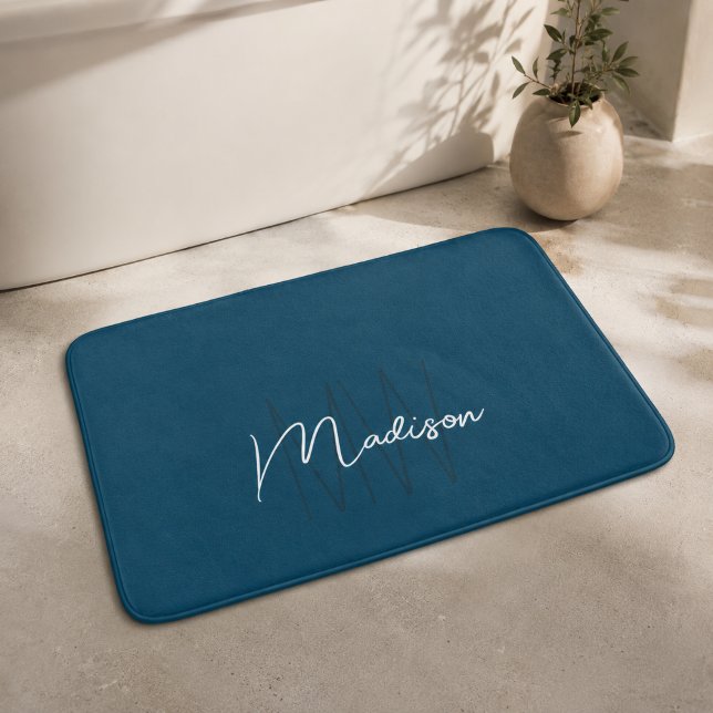 Modern Monogram Name Script Blue Bath Mat (Modern Monogram Name Script Blue Bath Mat)