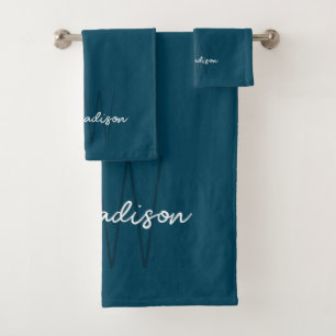 Modern Monogram Name Script Blue Bath Towel Set