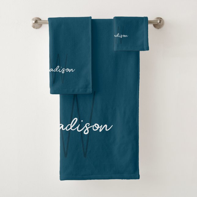 Modern Monogram Name Script Blue Bath Towel Set (Insitu)