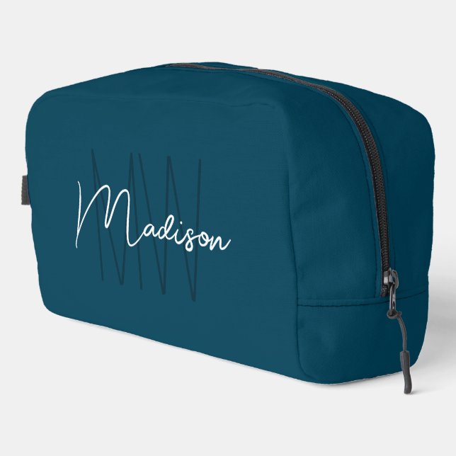 Modern Monogram Name Script Blue Dopp Kit (Right Corner)