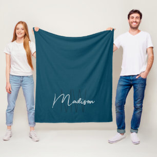 Modern Monogram Name Script Blue Fleece Blanket