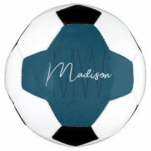 Modern Monogram Name Script Blue Soccer Ball