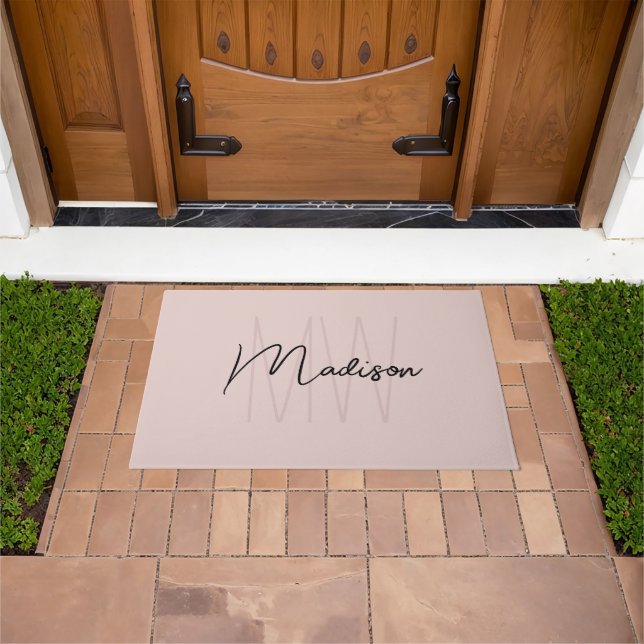 Modern Monogram Name Script Blush Pink Doormat (Outdoor)