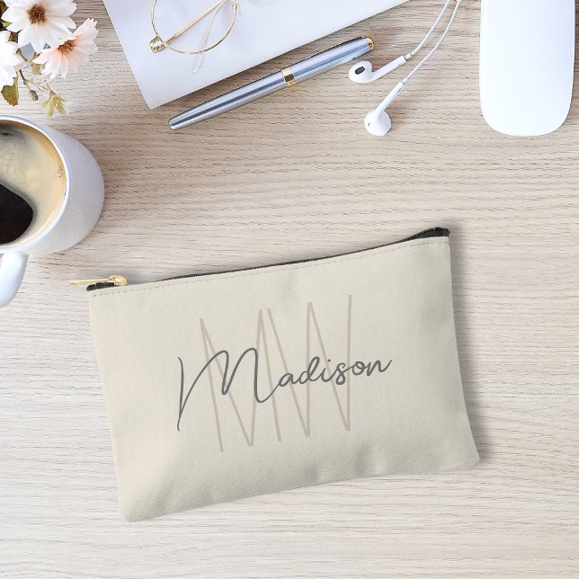 Modern Monogram Name Script Cream Accessory Pouch (Modern Monogram Name Script Cream Accessory Pouch)