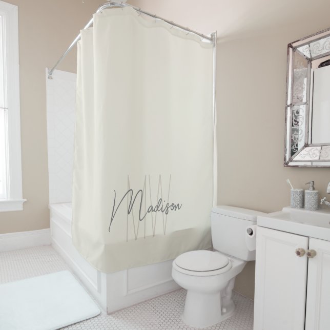 Modern Monogram Name Script Cream Shower Curtain (In Situ)