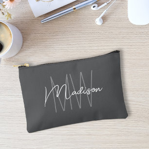 Modern Monogram Name Script Grey Accessory Pouch