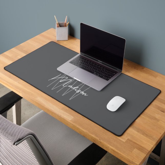 Modern Monogram Name Script Grey Desk Mat (Office 2)