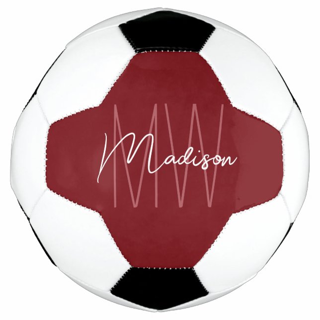Modern Monogram Name Script Red Soccer Ball (Front)