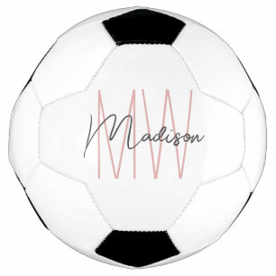 Modern Monogram Name Script White Pink Soccer Ball