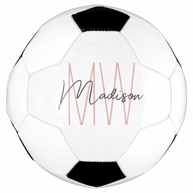 Modern Monogram Name Script White Pink Soccer Ball (Front)